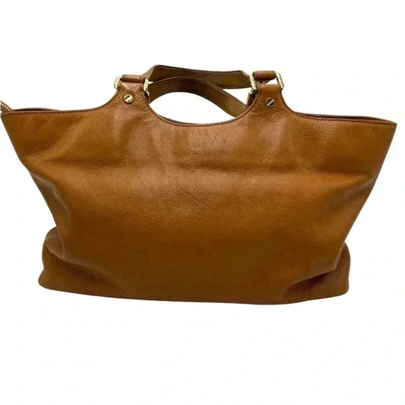 Vintage Tory Burch Bombe Glazed Leather Handbag Zip Top Tote in Luggage tan - Picture 3 of 12